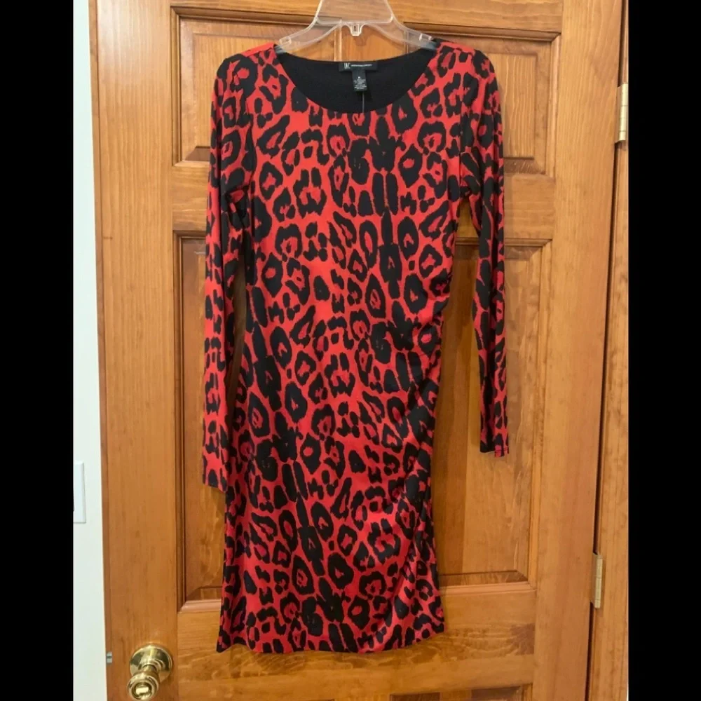 Anthropologie Long Sleeve red leopard Dress M animal mini stretch - Picture 2 of 4